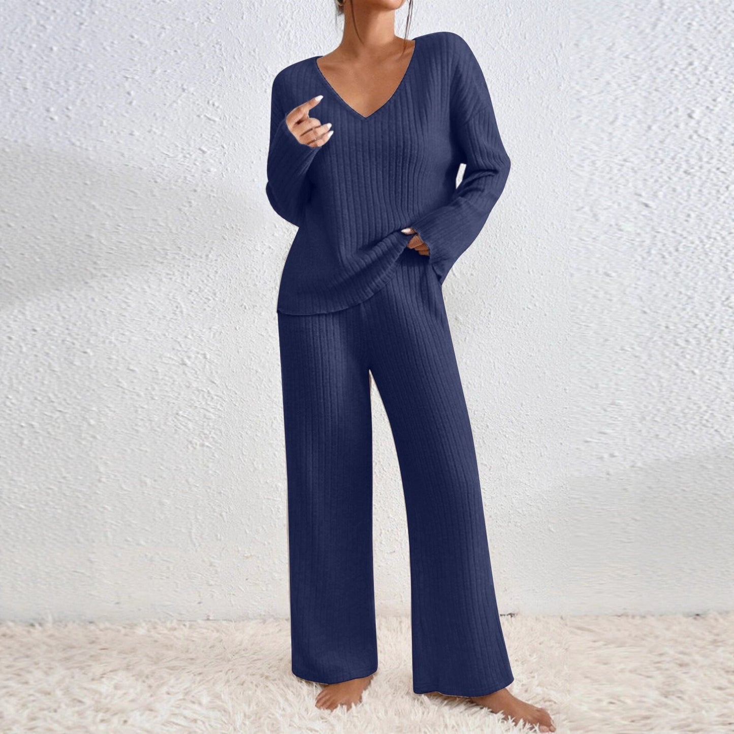 Long Sleeve V-neck Knitted Sunken Stripe Brushed Loose Leisure Suit