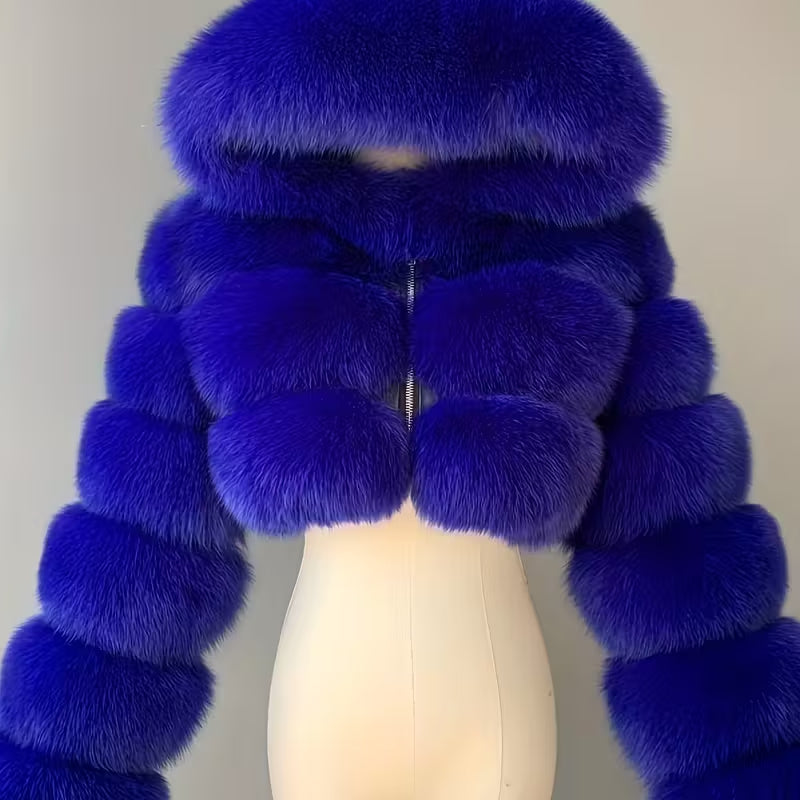 Short Hooded Faux Fur Long Sleeve Coat