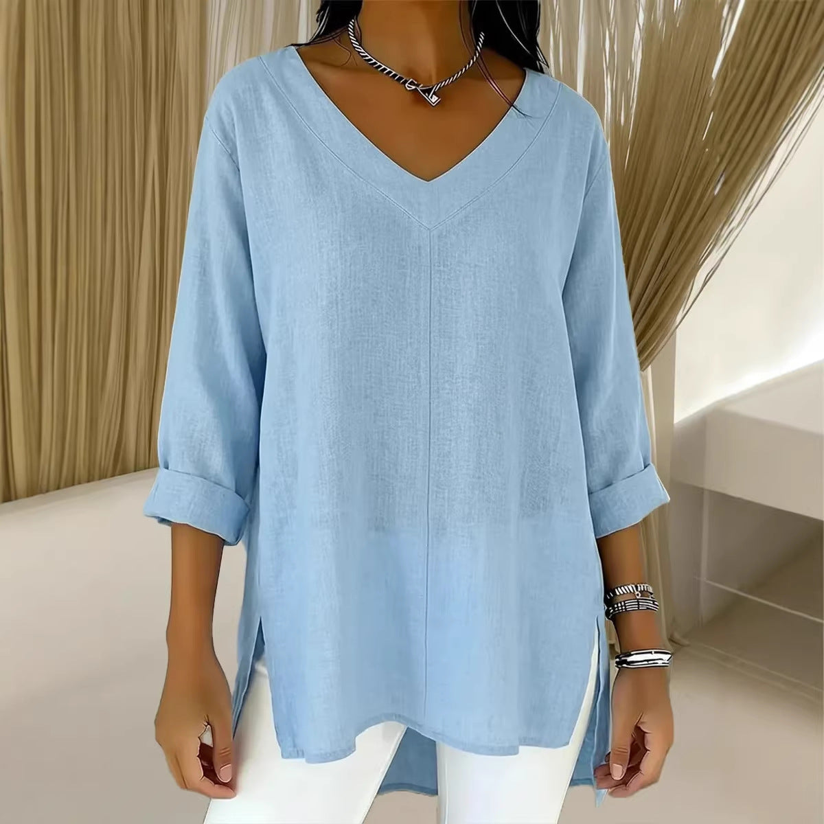 Street-style Solid-color V-neck Loose-fitting Top