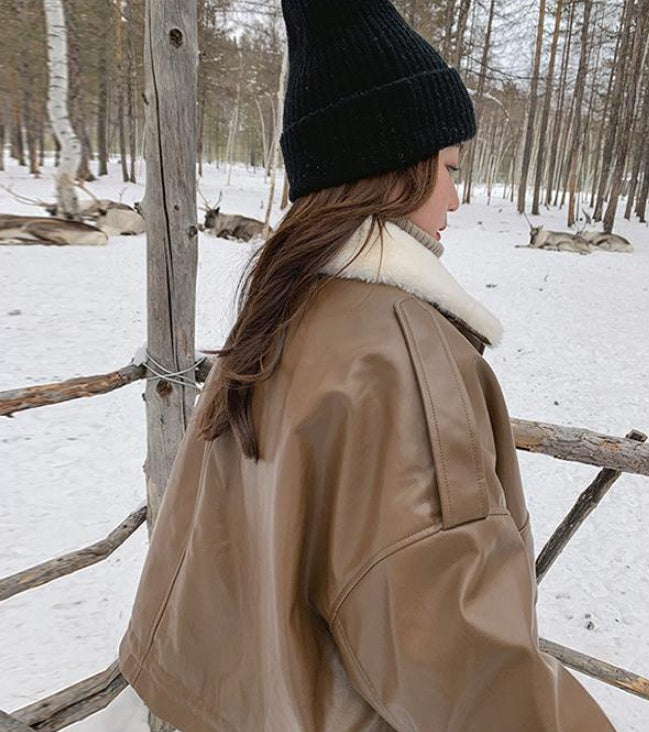 Light Brown Lapel Small Rabbit Fur Thick Loose Short Leather Jacket