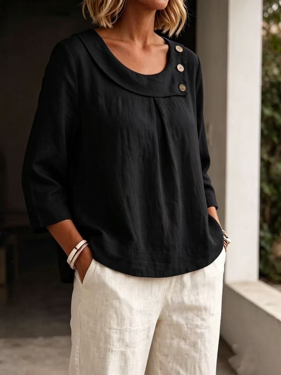 Casual Round-neck Shirt, Loose-fitting Top For Women