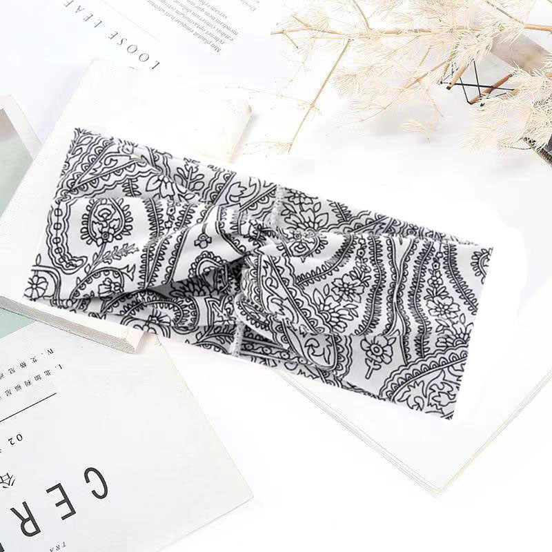Sweat-absorbent And Anti-perspirant Bundled Headband With Wide-brimmed Print Headband