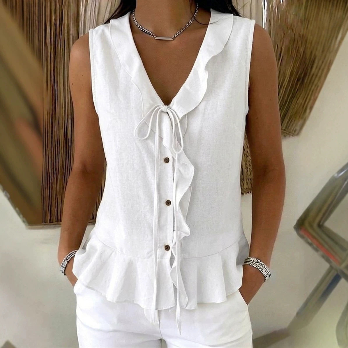 Women's Casual V-Neck Ruffle Trim Sleeveless Top