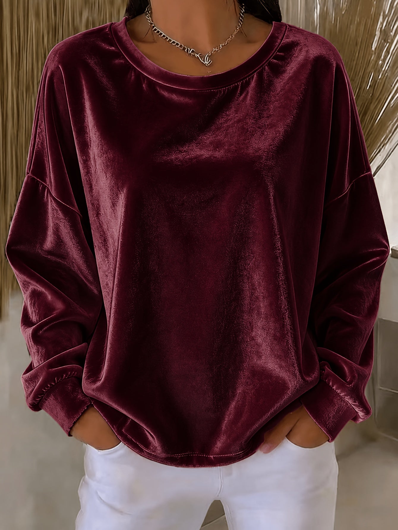 Casual Round-neck Velvet Solid-color Long-sleeve Shirt