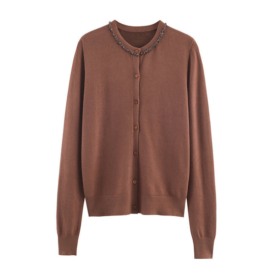 New Lightly Mature Round Neck Long Sleeve Jewelry Cardigan Top