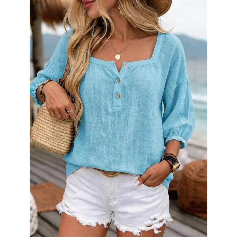 Casual Resort-style Linen Top With Three-quarter Sleeves