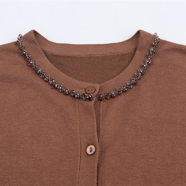New Lightly Mature Round Neck Long Sleeve Jewelry Cardigan Top