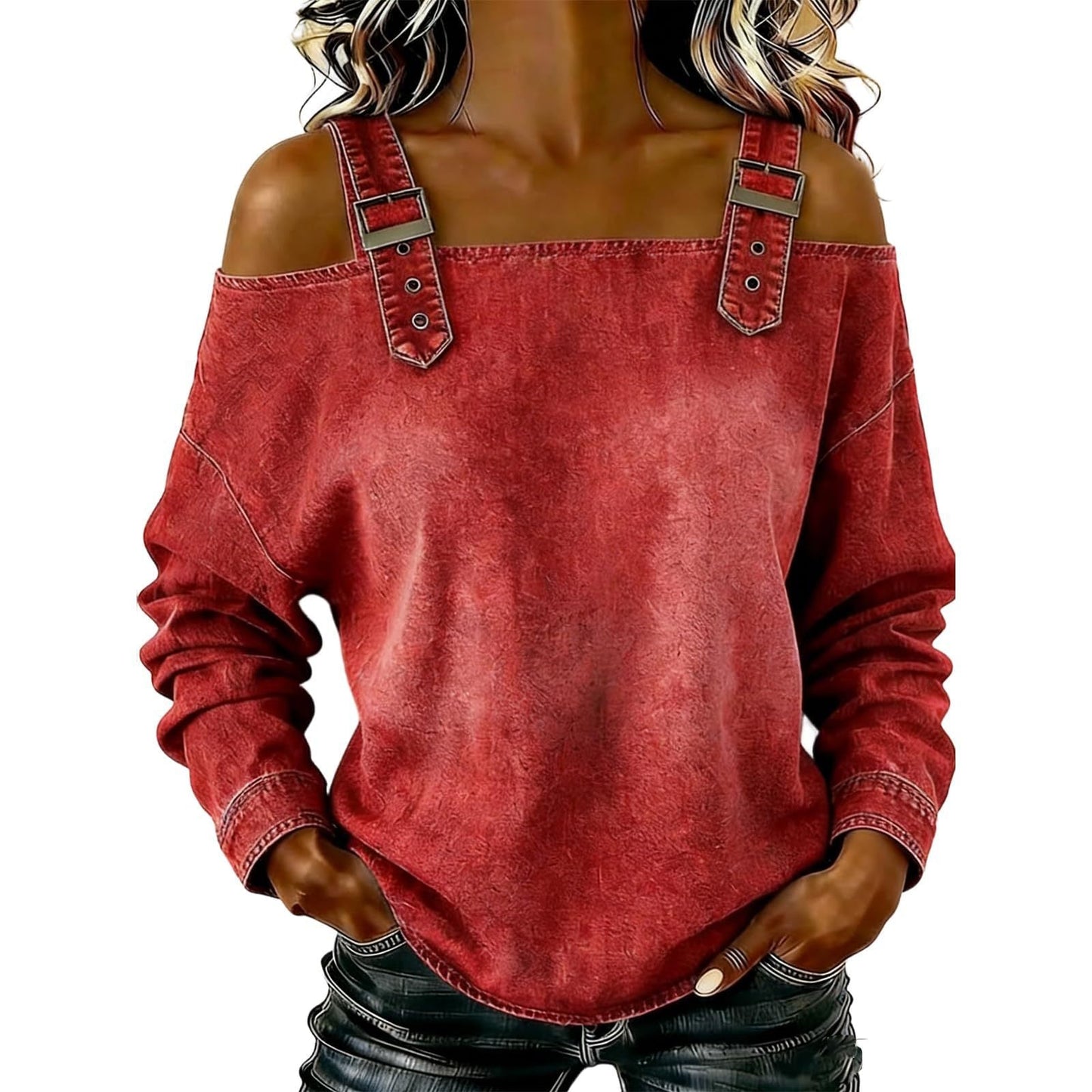 Halter-neck Off-shoulder Long-sleeve Top