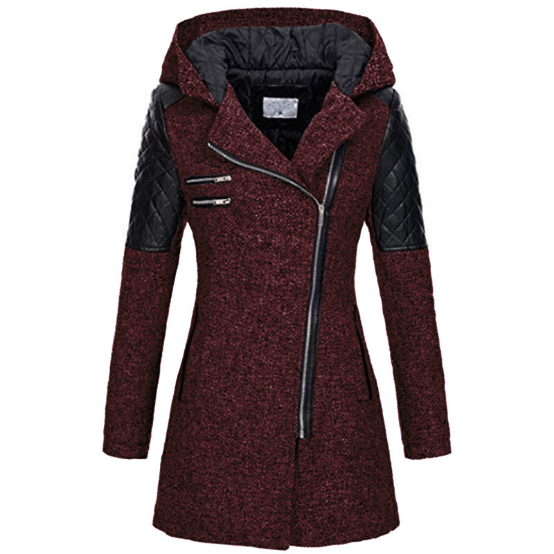 Women Warm Slim Full Zipper Coat Thick Woolen Coat Female Fall Winter Windbreaker Hooded Diagonal Zipper Women's Clothing