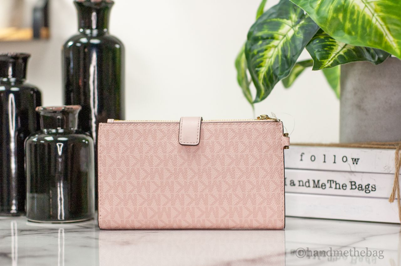 Michael Kors Jet Set Travel Dark Powder Blush PVC Large Double Zip Wrist Wallet