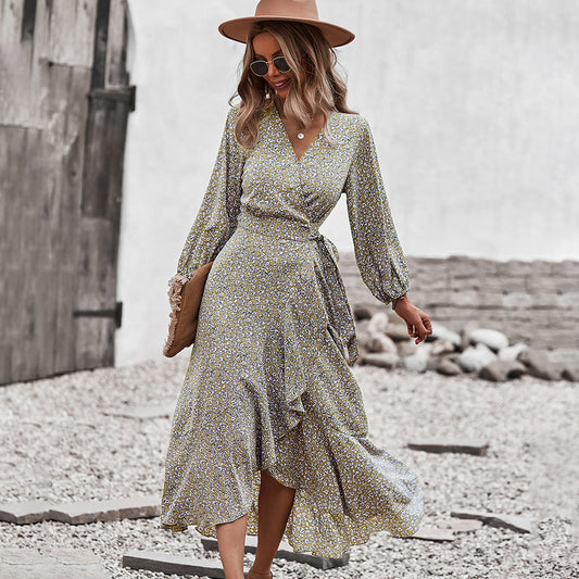 Autumn And Winter Floral Dress With Chest Wrap And Tie Large Swing Skirt Leisure Holiday Style