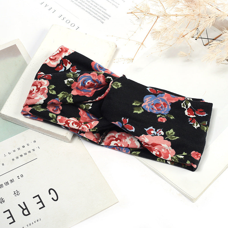 Sweat-absorbent And Anti-perspirant Bundled Headband With Wide-brimmed Print Headband