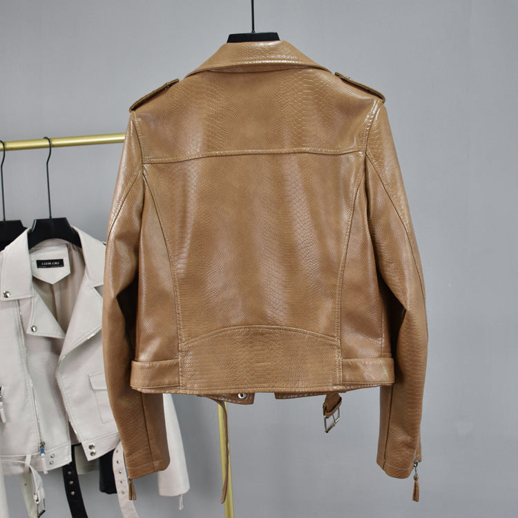 Cropped Hem Belt Snakeskin Leather Biker Jacket