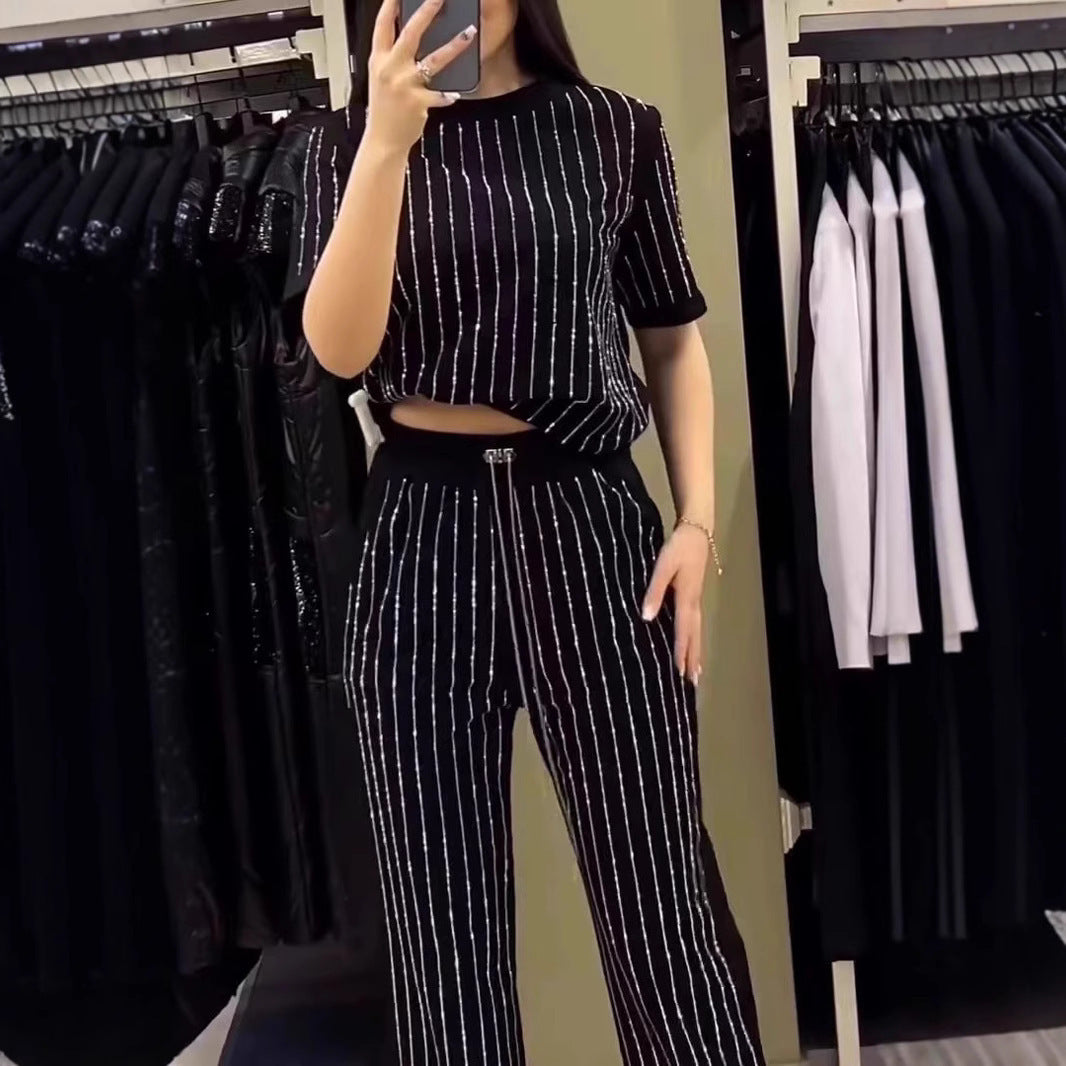 Vertical Striped Rhinestone Top Two-piece Set