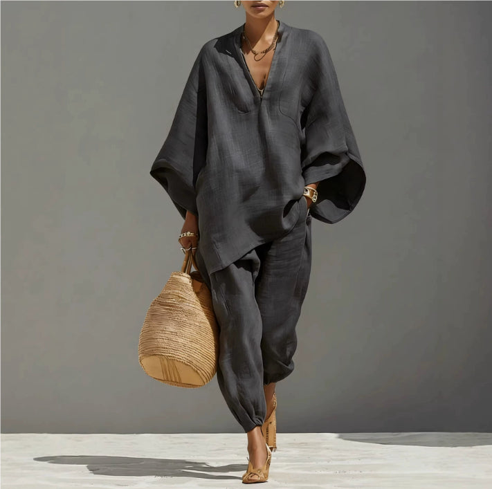 Women's Casual Loose Solid Color Shirt Set