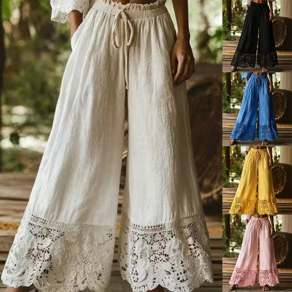 Fashionable Solid-Colored Lace-Trimmed Womens Pants