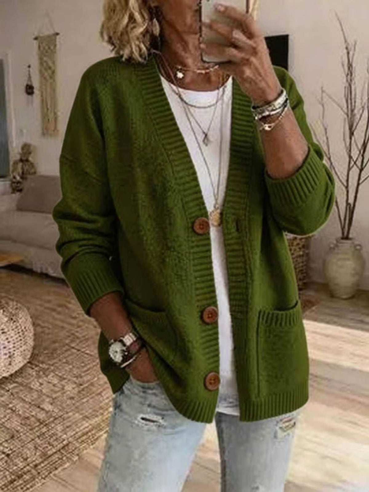 Womens Loose-fit V-neck Knit Sweater Jacket