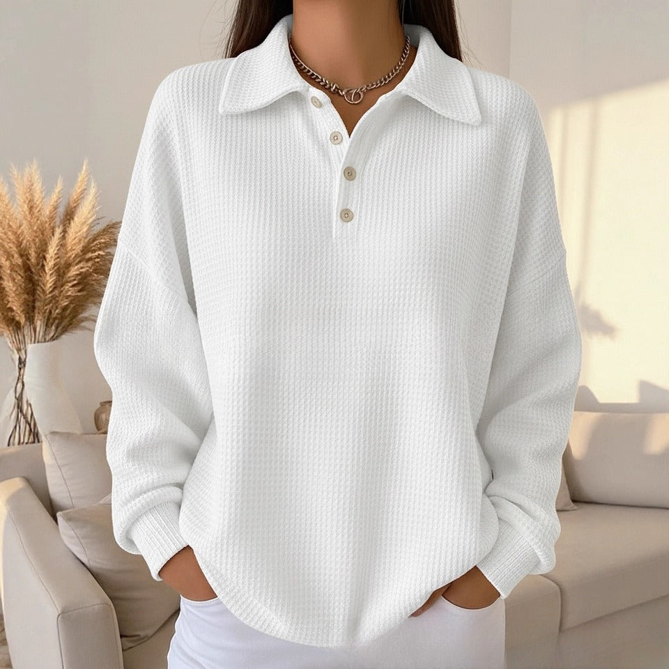 Loose Solid Color Versatile Lapel Polo Shirt Waffle Long Sleeve