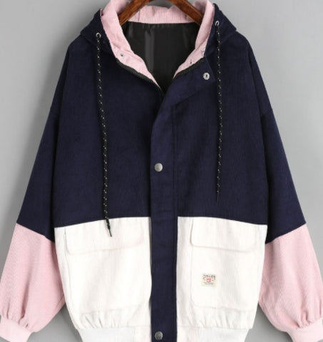 Spring Loose Cotton Corduroy Hooded Jacket for Women