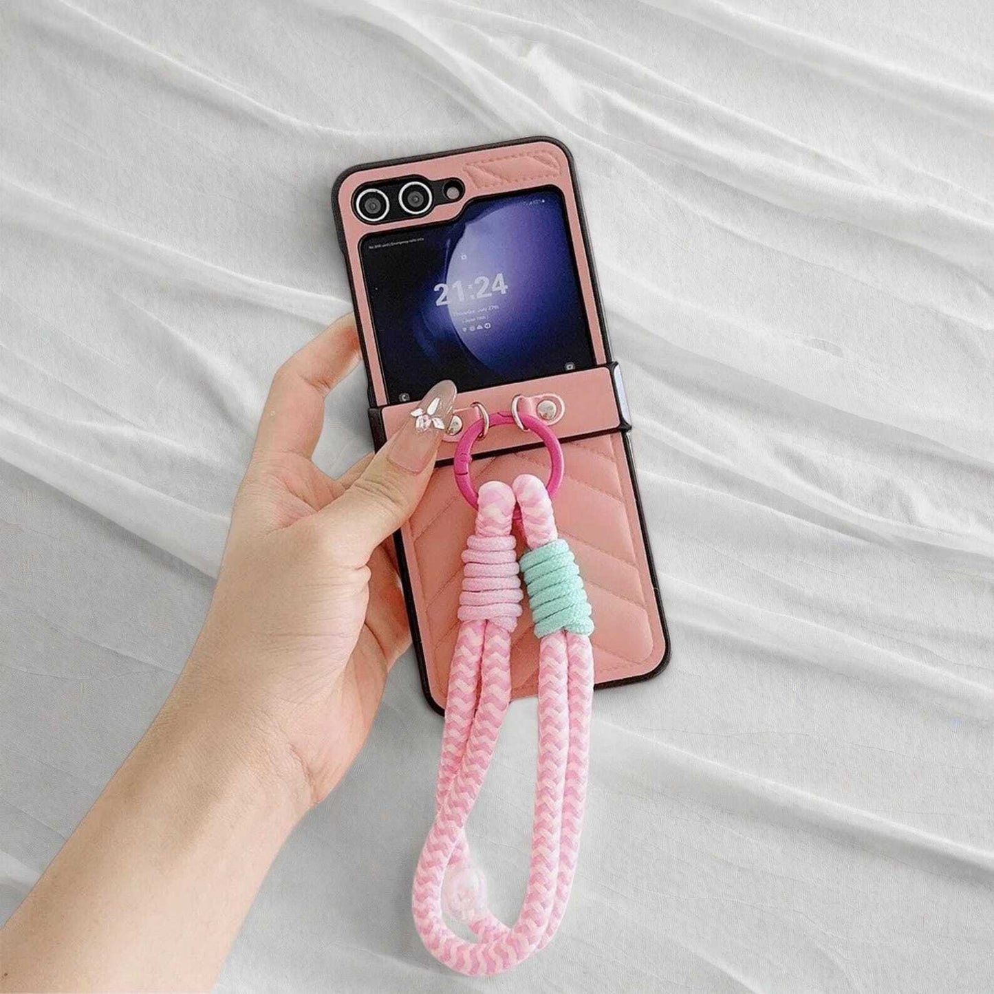 Leather Case with Wrist Strap for Samsung Galaxy Z Flip 6/5/4/3 - Hard Hinge Cover with Secure Closure & Stylish Protection