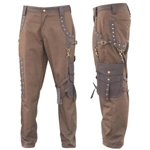Men's Dark Brown Steampunk Pants – Victorian Gothic Utility Trousers with Detachable D-Ring Pockets