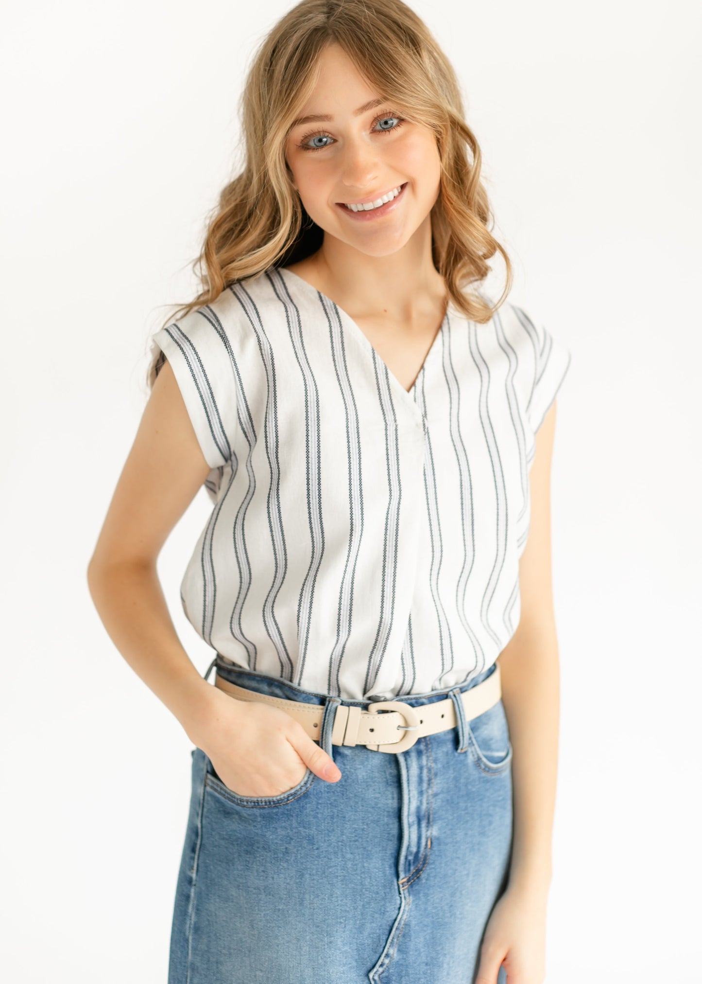 Madison Striped V-neck Short Sleeve Flowy Top - FINAL SALE