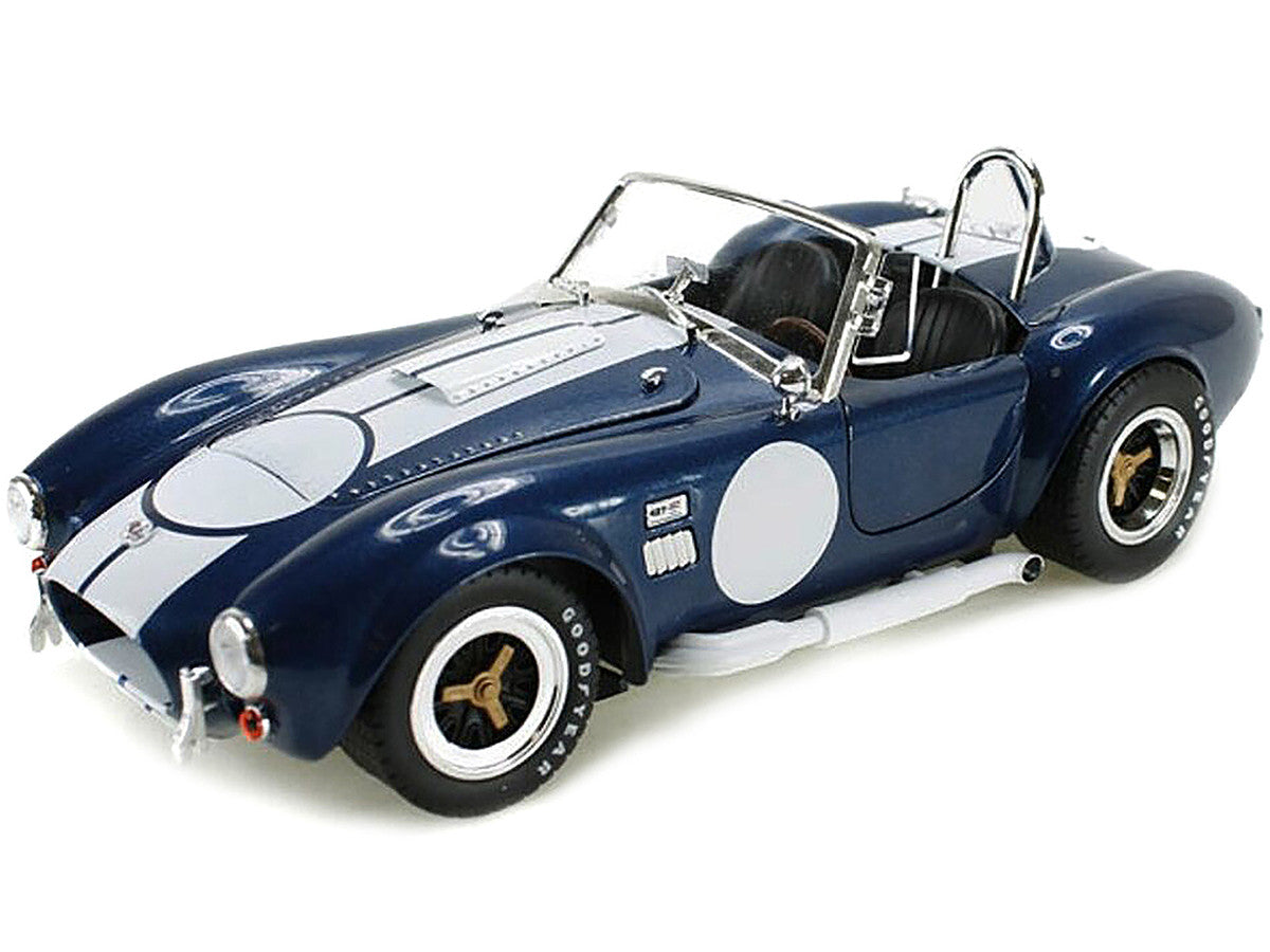 1965 Shelby Cobra 427 S/C Dark Blue Metallic with White Stripes with Printed Carroll Shelby's Signature on the Trunk 1/18 Diecast Model Car by Shelby Collectibles