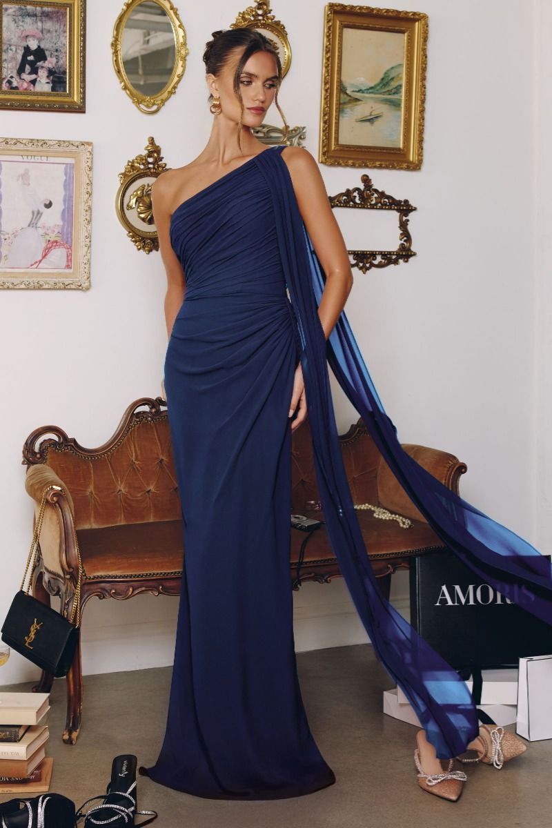 One-shoulder Neckline Draped Chiffon