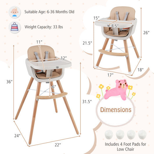 Babyjoy 6-in-1 Convertible Wooden Highchair with Safety Harness and Adjustable Legs-Light Brown