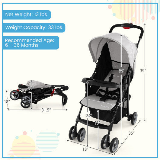 Costway Toddler Travel Stroller for Airplane with Canopy and Adjustable Backrest-Gray