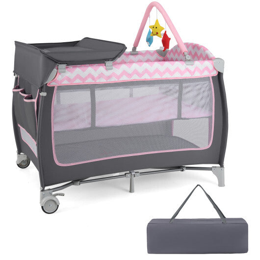 Babyjoy 3-in-1 Portable Baby Playard with Zippered Door and Toy Bar-Pink