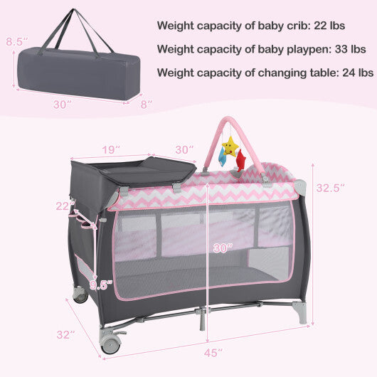 Babyjoy 3-in-1 Portable Baby Playard with Zippered Door and Toy Bar-Pink