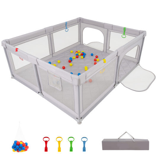 Costway Large Baby Playpen with Pull Rings and Ocean Balls-Gray
