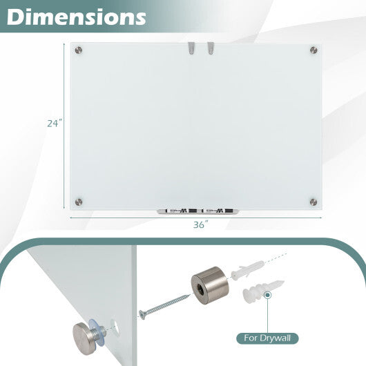Costway 36 x 24 Inches Glass Whiteboard with Eraser and Removable Tray