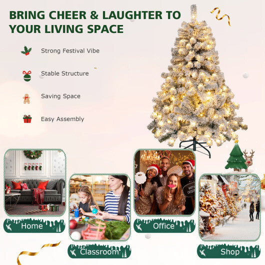 Costway 4.5ft Pre-Lit Premium Snow Flocked Hinged Artificial Christmas Tree w/150 Lights