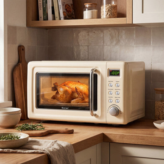 Costway 700W Retro Countertop Microwave Oven with 5 Micro Power and Auto Cooking Function-Cream White