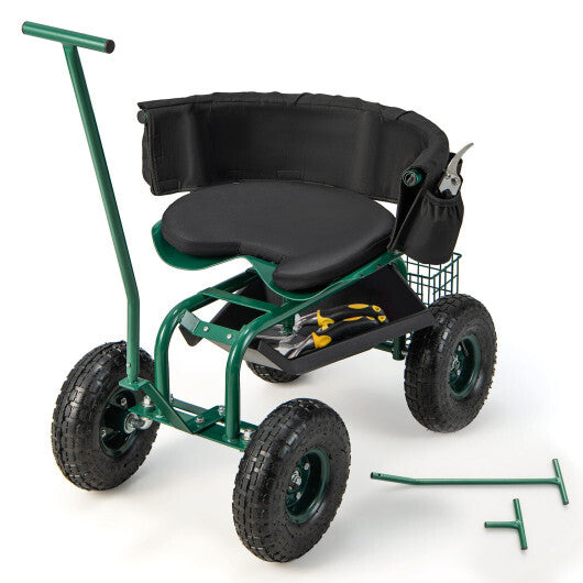 Costway Rolling Garden Cart with Height Adjustable Swivel Seat and Storage Basket-Green