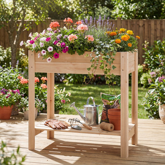Costway Wooden Raised Garden Bed with Legs  Storage Shelf  Liner  Drainage for Backyard