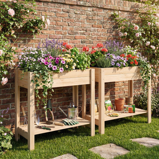 Costway Wooden Raised Garden Bed with Legs  Storage Shelf  Liner  Drainage for Backyard