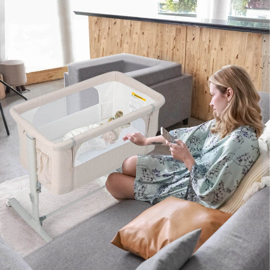 Babyjoy 3-in-1 Baby Bassinet Beside Sleeper Crib with 5-Level Adjustable Heights Beige