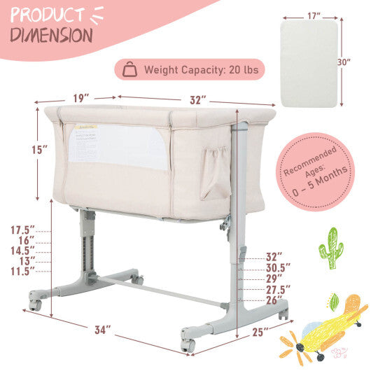 Babyjoy 3-in-1 Baby Bassinet Beside Sleeper Crib with 5-Level Adjustable Heights Beige