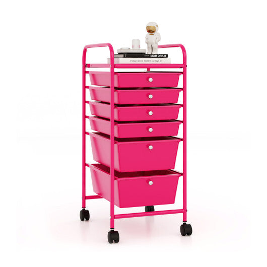 Costway Multifunctional 6 Drawers Rolling Storage Cart Organizer-Rose Red