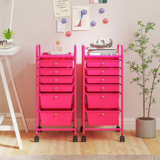 Costway Multifunctional 6 Drawers Rolling Storage Cart Organizer-Rose Red