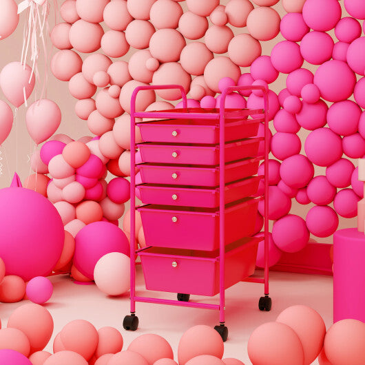 Costway Multifunctional 6 Drawers Rolling Storage Cart Organizer-Rose Red