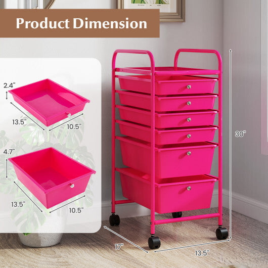Costway Multifunctional 6 Drawers Rolling Storage Cart Organizer-Rose Red