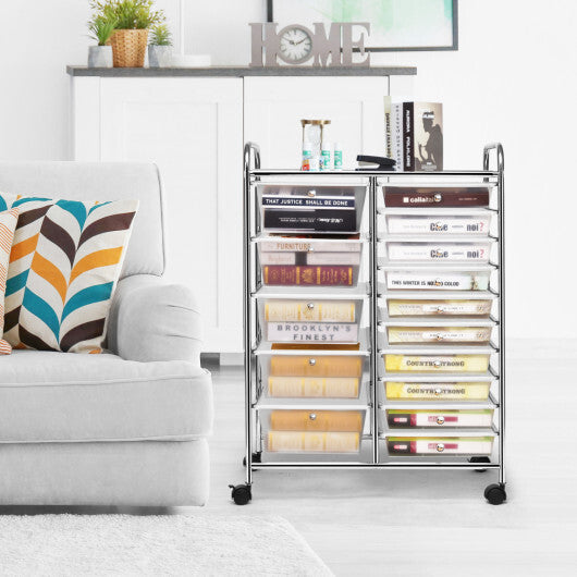 Costway 15 Drawers Rolling Storage Cart Organizer-clear