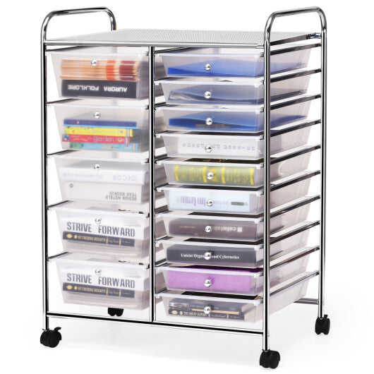 Costway 15 Drawers Rolling Storage Cart Organizer-clear