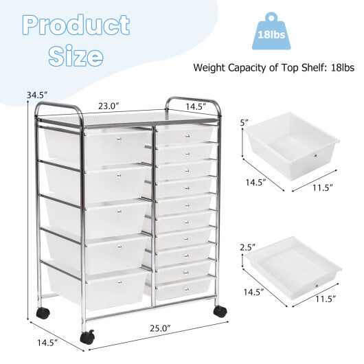 Costway 15 Drawers Rolling Storage Cart Organizer-clear
