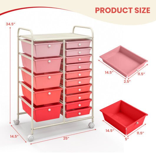 Costway 15-Drawer Utility Rolling Organizer Cart Multi-Use Storage-Gradient Pink