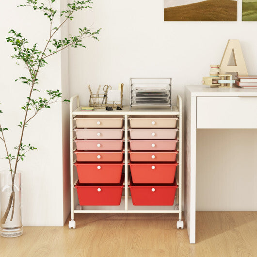 Costway 12-Drawer Rolling Storage Cart with Removable Drawers and Lockable Wheels-Pink